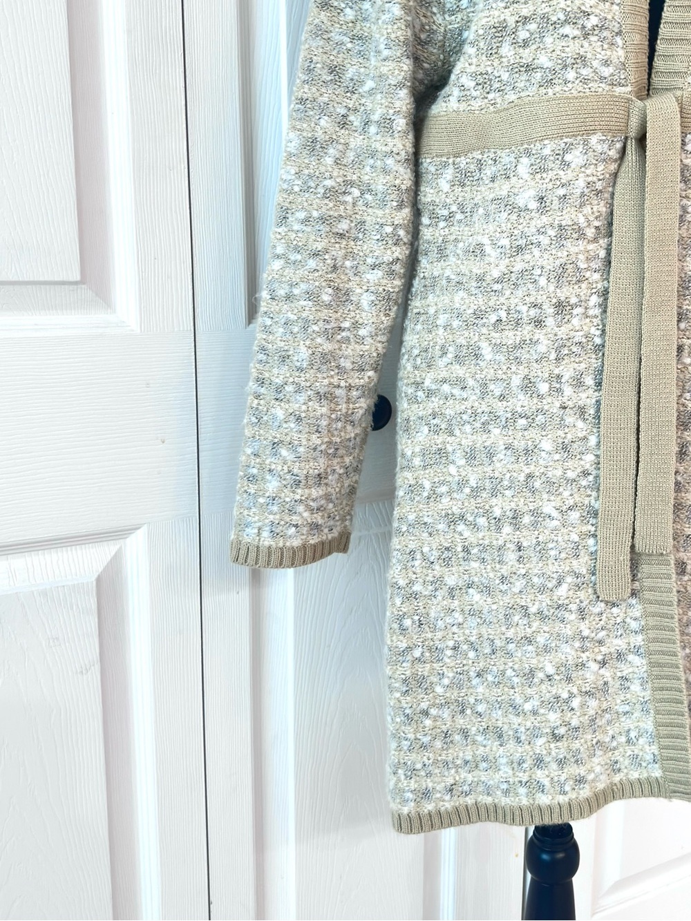 Beige/Gray/Cream Knit/Wool Long Open Front Cardigan with Attached Tie Belt - Picture 9 of 12
